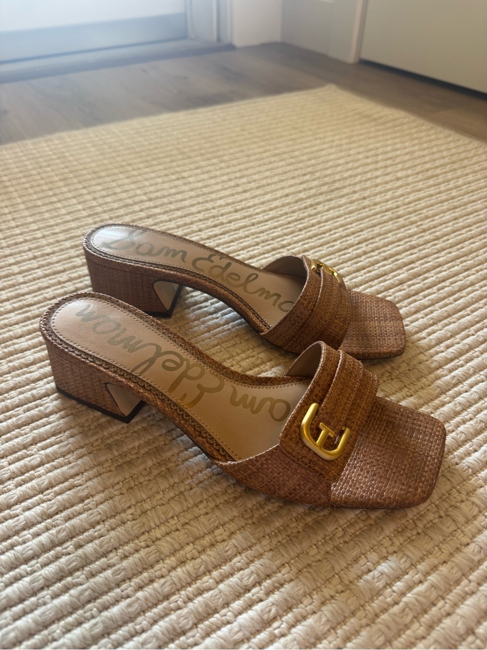 Sam Edelman Tan Woven Slide Heels with Gold Buckle - Picture 2 of 4